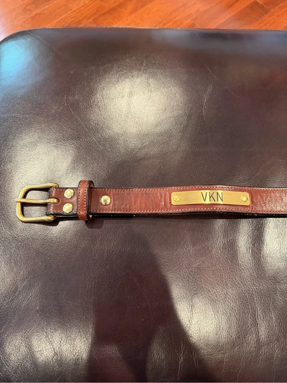 VKN Personalized Brown Leather Belt with Brass Nameplate
